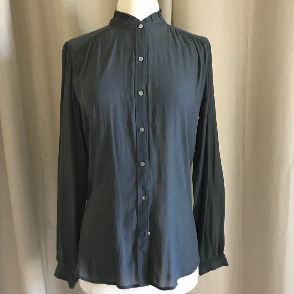 Ann Taylor Loft Grey Ruffle Neck Blouse S